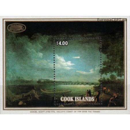 Cook Islands 1986. Comet Halley over the river Thames (painting by Samuel Scott)