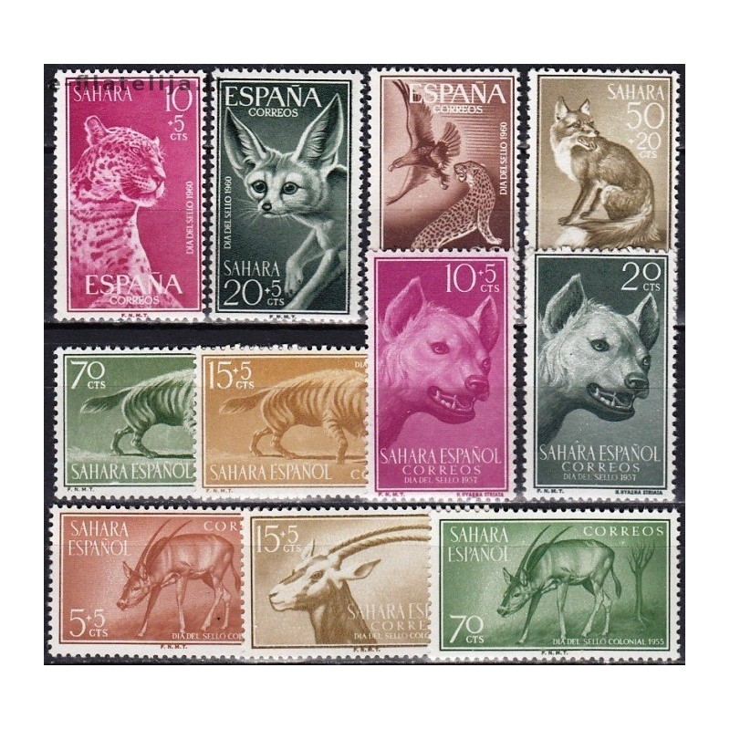 Spanish Sahara 1955-1960. Mammals (carnivorans, antelope) on stamps