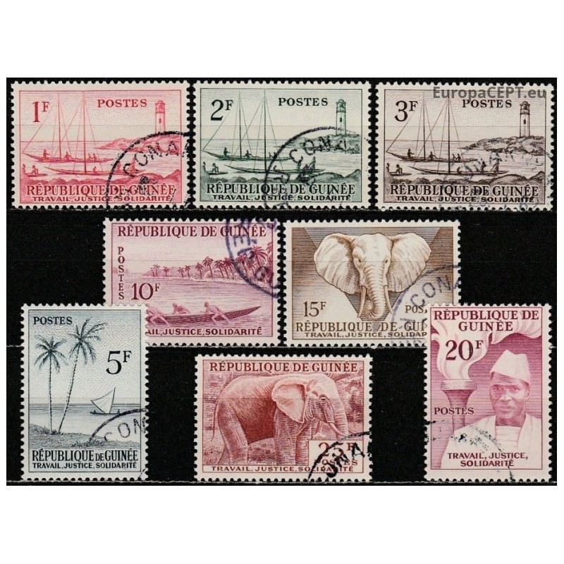 Guinea 1959. National motifs (transport, fauna, architecture)